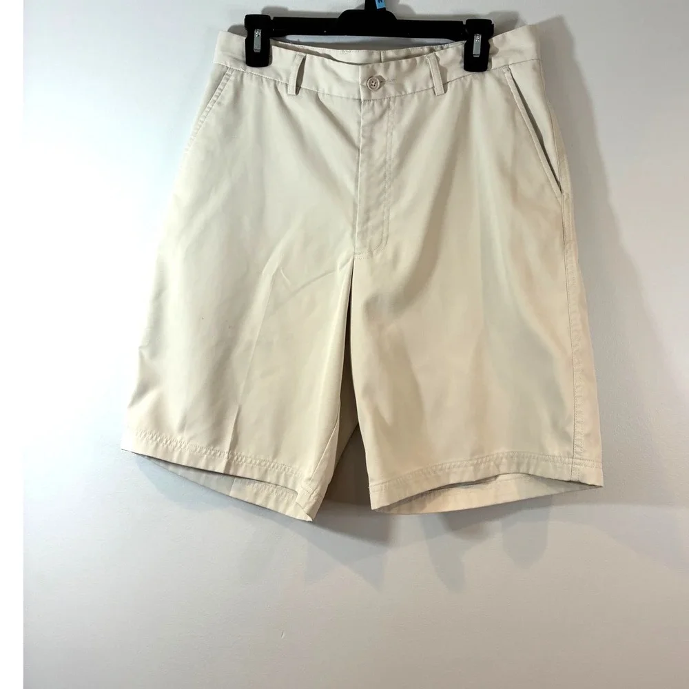 Pebble Beach Performance Golf Shorts Flat Front‎ Khaki Casual Athletic Beige-32